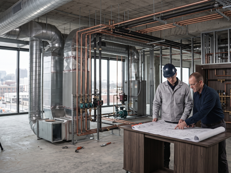 Site supervisors reviewing mechanical rough-in